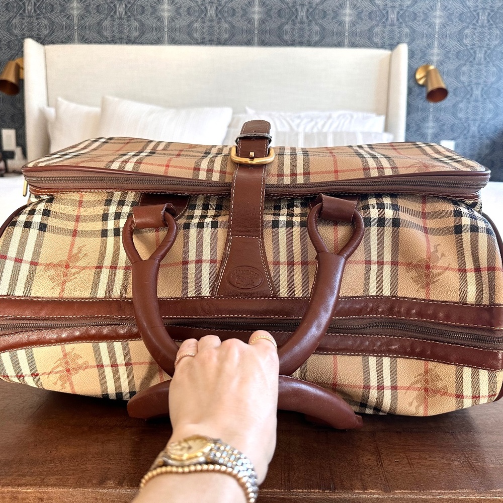 Vintage Burberry Haymarket Check Duffle Luggage Travel Bag Leather Boston Bag